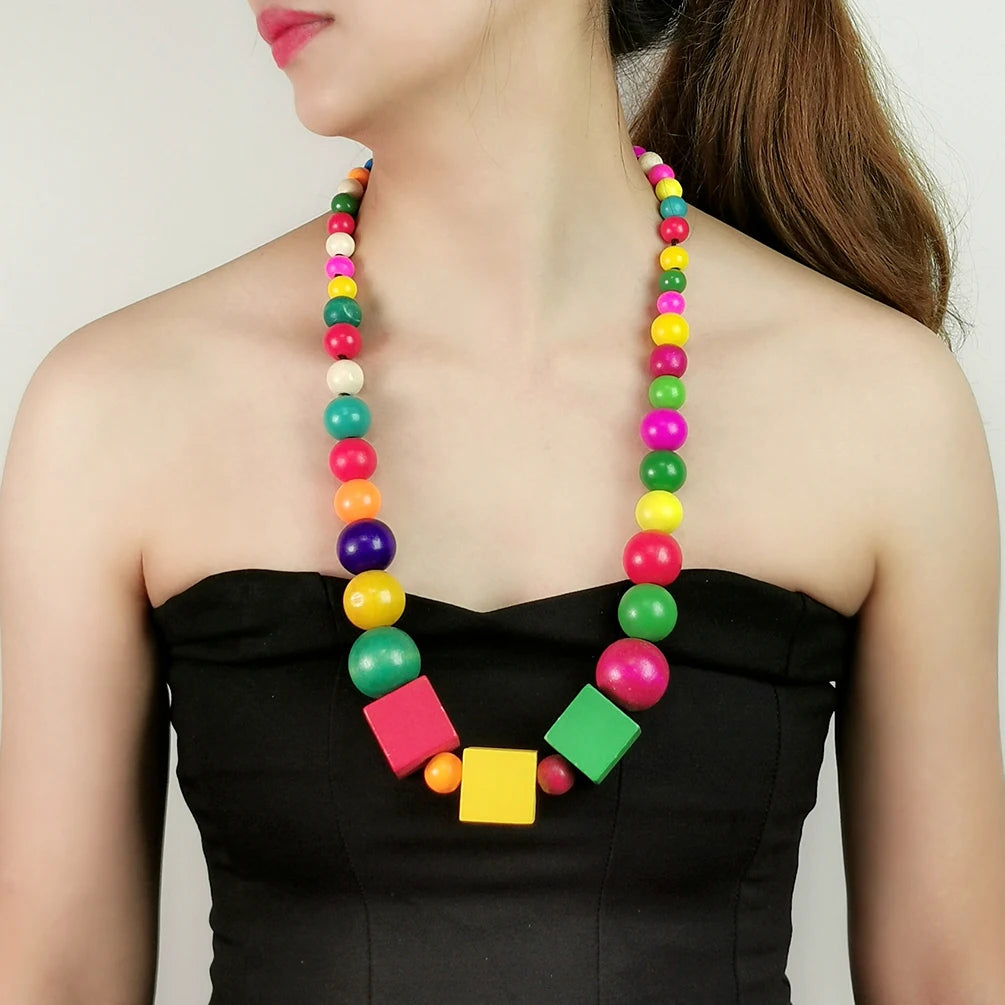 Bohemian Multi-layer Handmade Wooden Necklaces European American Fashion Exaggerated Colorful Beaded Long Necklaces