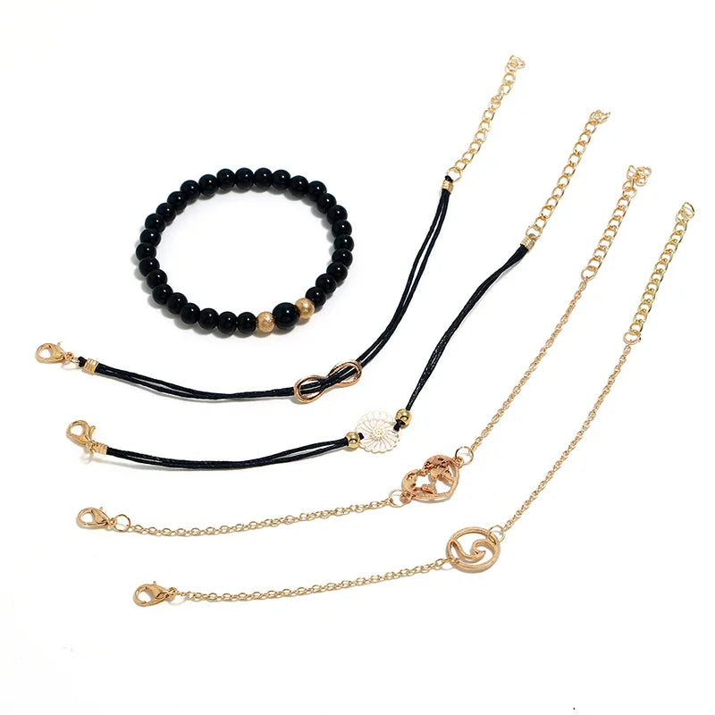 New Bohemian Black Rope Chain Bracelet Set for Women  Eight Flower  Heart  Beads  Charm Bangle Boho Jewelry