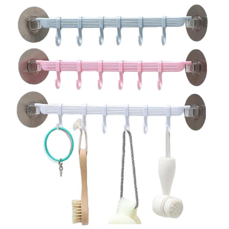 Blue/White/Pink Hook 6 Rows for Kitchen Bathroom Corner Suspension Without Marks Hanger Hook Storage Rack