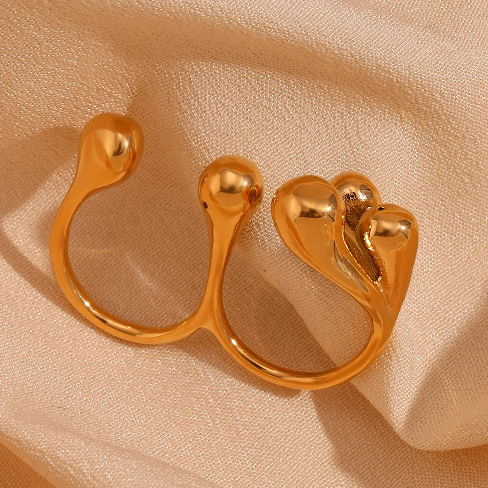 Dreamshow Minimalist Gold Plated Bead Double Finger Rings Women Jewelry Waterproof Stainless Steel Jewelry