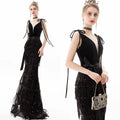 Elegant Bandage Strap Slim Black Vintage Vibes Tassel Stitching Events Long Prom Party Dresses