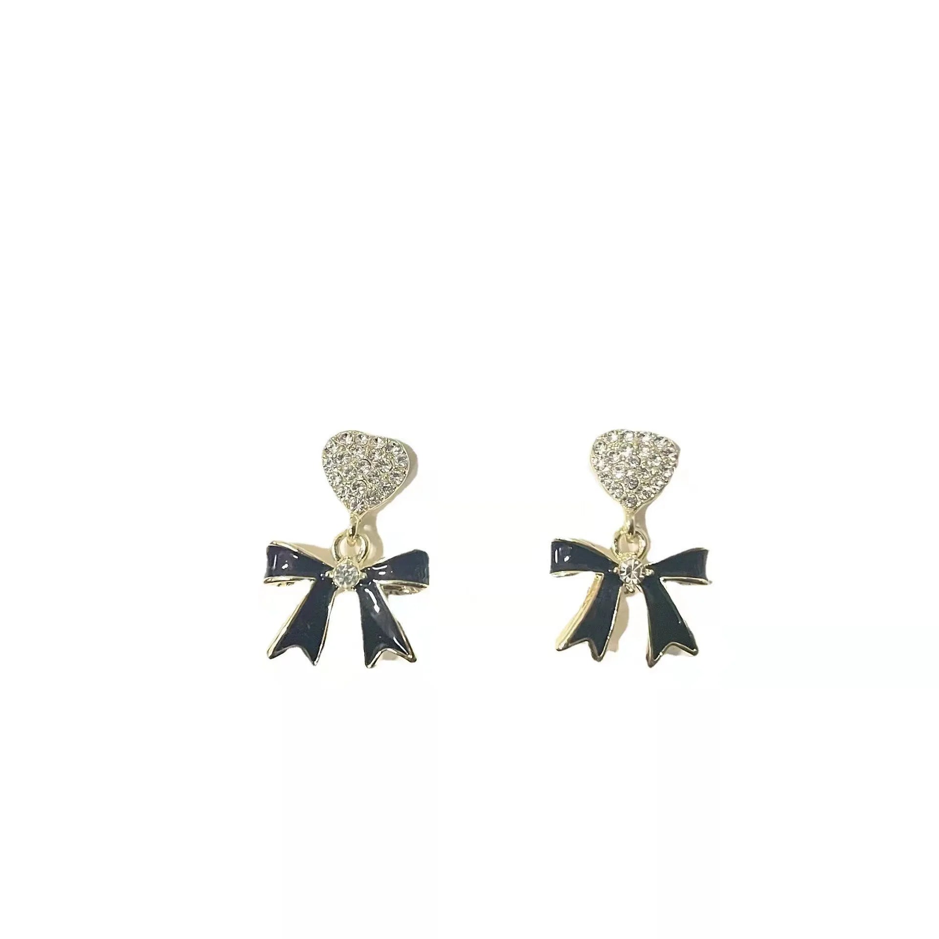 AA00328 New Arrivals 925 Silver Needle Black Bow Heart Earrings Women Fashion Simple Love Heart Diamond Earrings