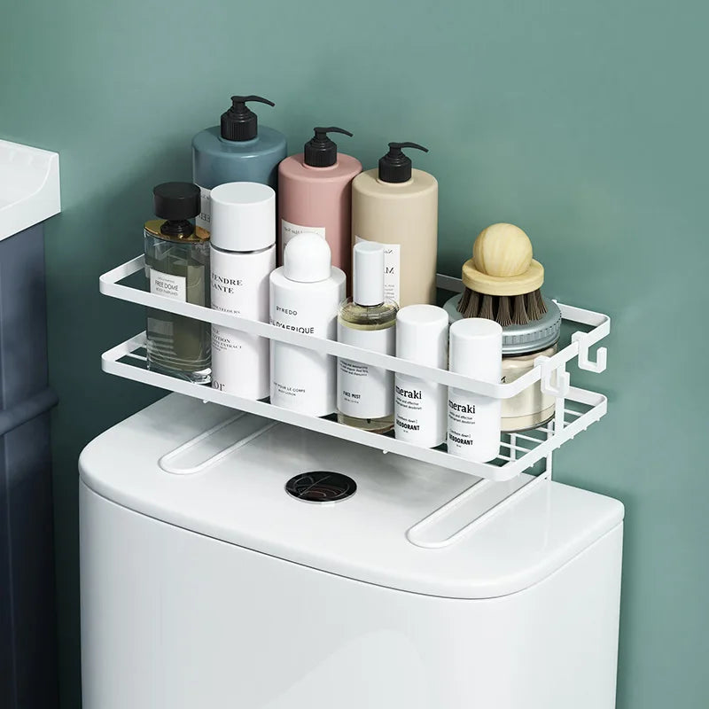 JAYA Hole-Free Iron Toilet Black Rack Bathroom Plastic White Wall-Mounted ABS Shampoo Storage Shelving