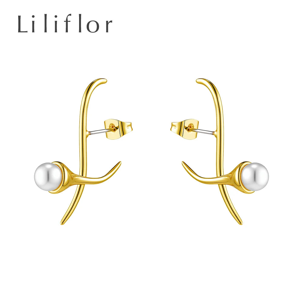 18K Gold Plated Brass Jewelry Geometric Cross Design Pearl Stud Earrings Dainty Feminine for Women Accessories Earrings E221348