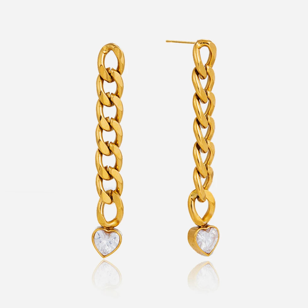 J&D 18K Gold Plate Stainless Steel Earrings Classic Teardrop-shaped Cubic Zirconia Handmade Chain Tassel Earrings