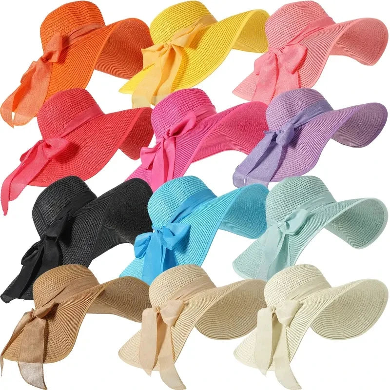 Elegant Summer Fashion Women's Straw Sun Hat with Bow Rope Ladies' Big Brim Beach Hat Foldable
