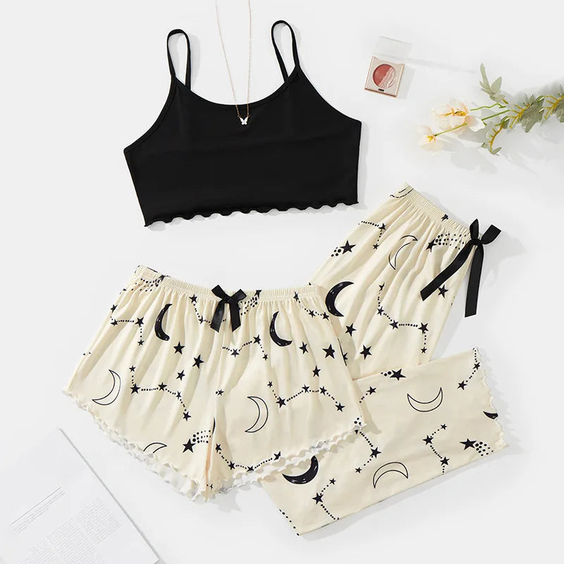 SFY-Y873 New Arrival Women's Haltering Shorts Pajamas 3 Sets Bow Cherry Blossom Home Dress Women's Sexy Pajamas