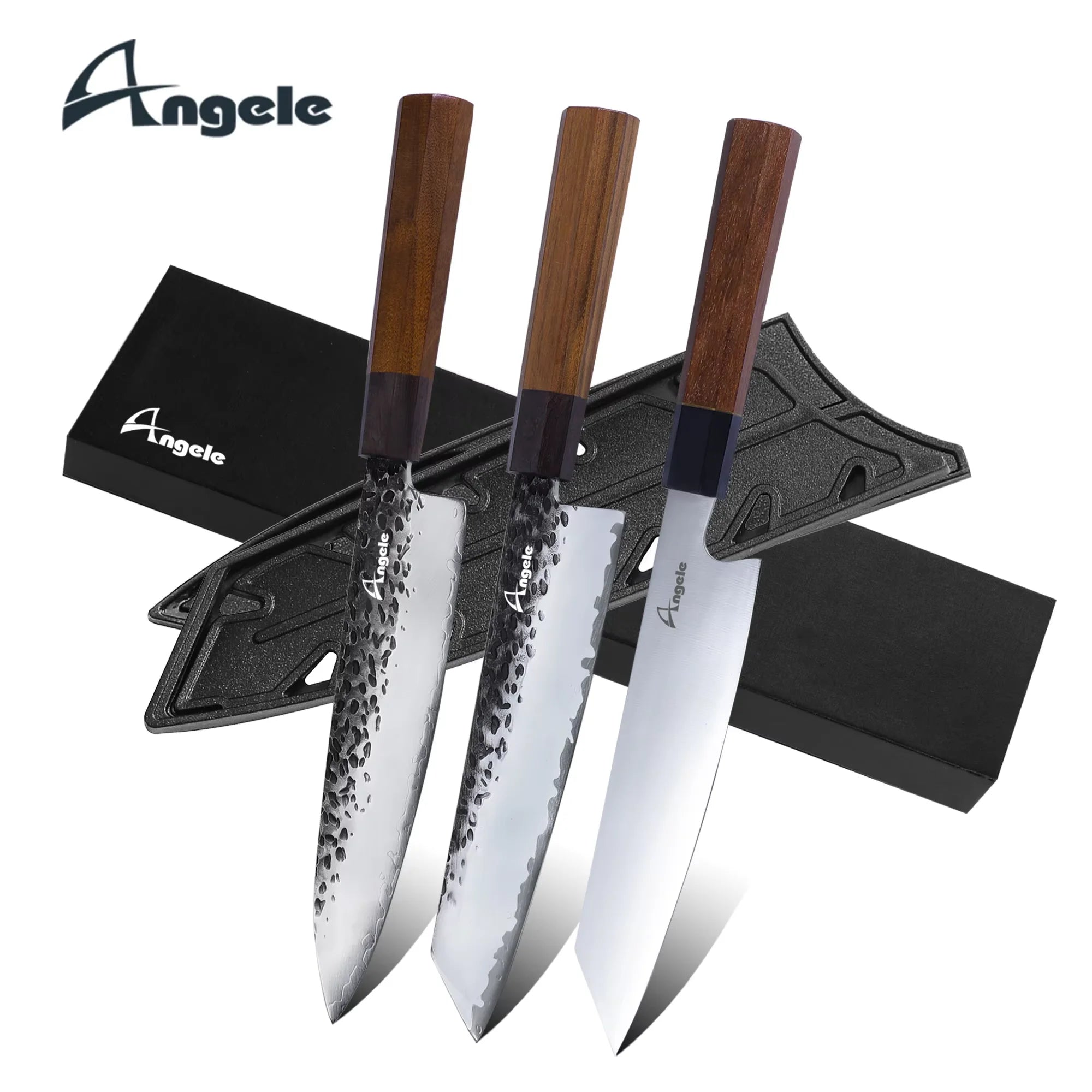 New 3pcs Aus10 High Carbon 3-layer Steel Mkuruti Wooden Handle Handmade Black Blade Chef Santoku Kiritsuke Kitchen Knife Set