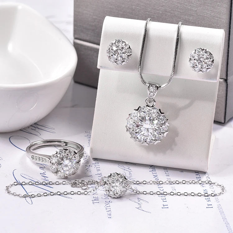 Luxury 925 Sterling Silver Jewelry Set Moissanite Ring Earrings Bracelet and Necklace Wedding Jewelry Sets for Women