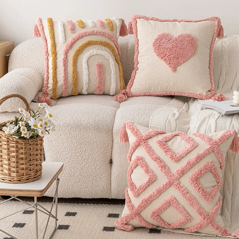 2024 New Rainbow Diamond Shaped Design Wave Marshmallows Tufted Embroidery Heart Throw Pillow Covers Home Bed Sofa Decoration