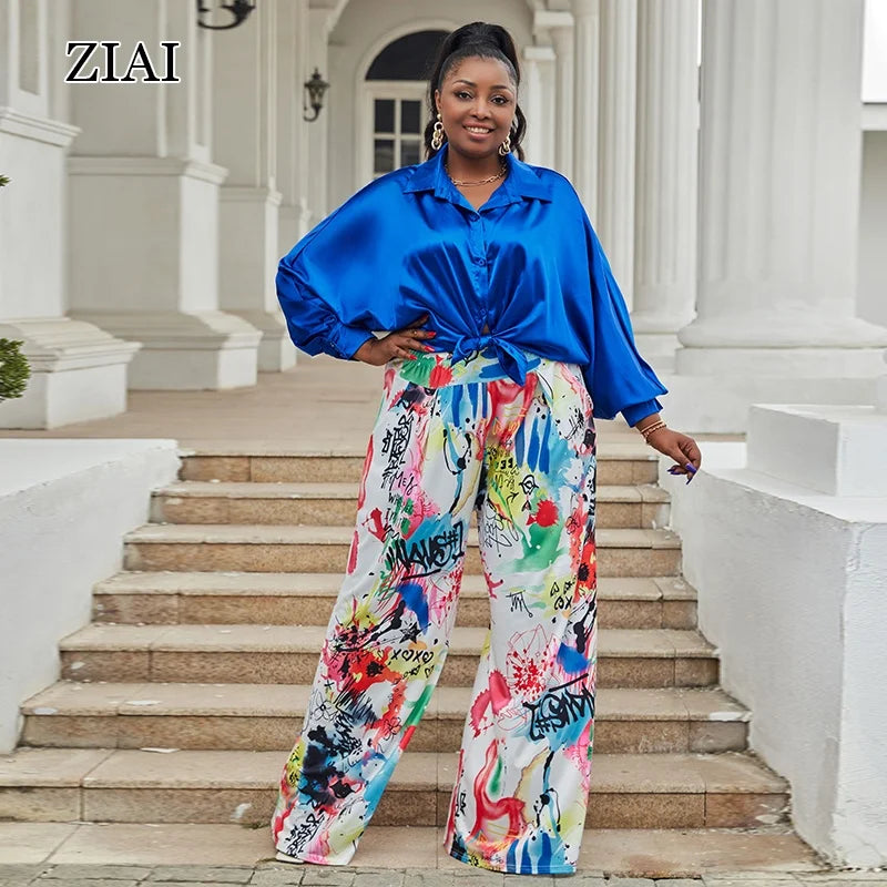 Printed Long-sleeved Shirt Two-piece Temperament Top Straight-leg Wide-leg Pants Two-piece Set