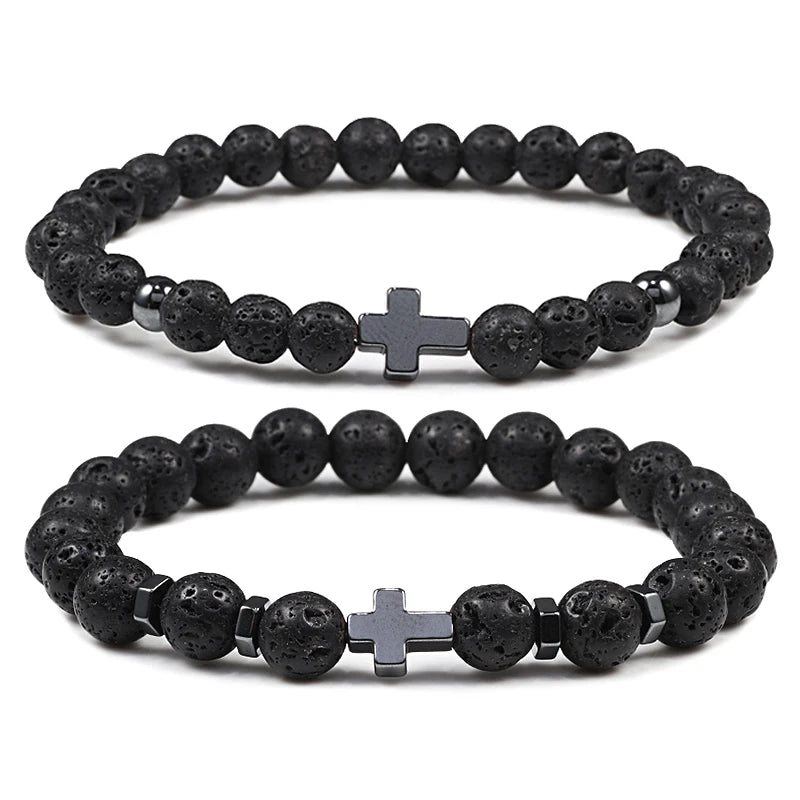Classic 8mm Natural Lava Rock Stone Beaded Bracelet for Men Business Gift with Cross Elastic Turquoise Stone Beads Bracelet