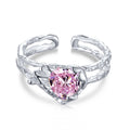 Dylam Trendy Engagement Heart Pink Cz Stone Creative Lava Ring Female Geometric Irregular Surface Texture Adjustable Ring
