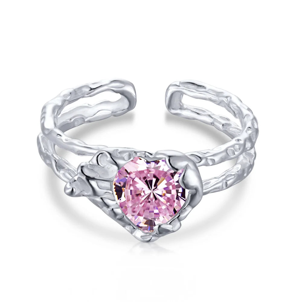 Dylam Trendy Engagement Heart Pink Cz Stone Creative Lava Ring Female Geometric Irregular Surface Texture Adjustable Ring