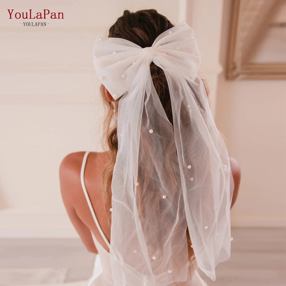 YouLaPan V04A Elegant Communion Accessory Party Headwear Short Pearl Bow Wedding Bridal Veil Women Daily Hair Accessories