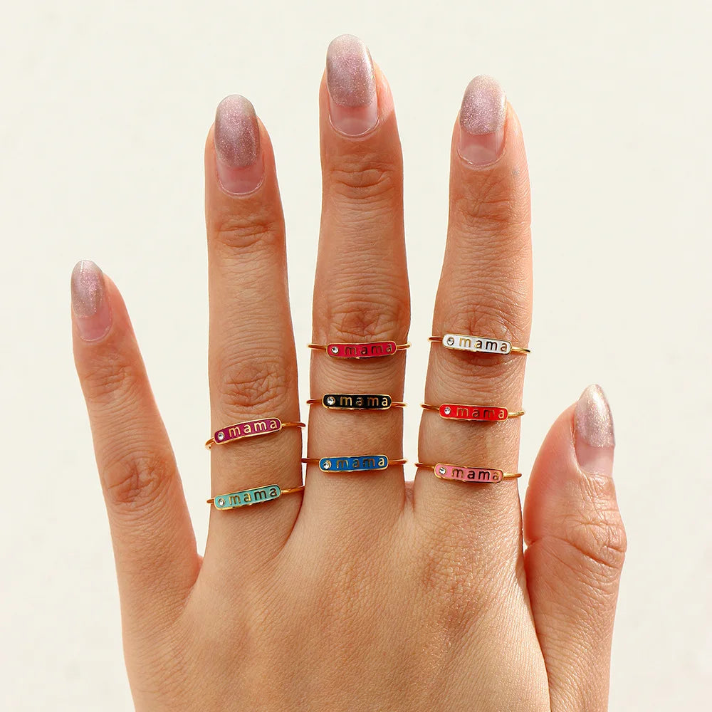 Stainless Steel Custom Wholesale Stainless Steel Ring Colorful Enamel Mama Zircon Gold Adjustable Ring for Women
