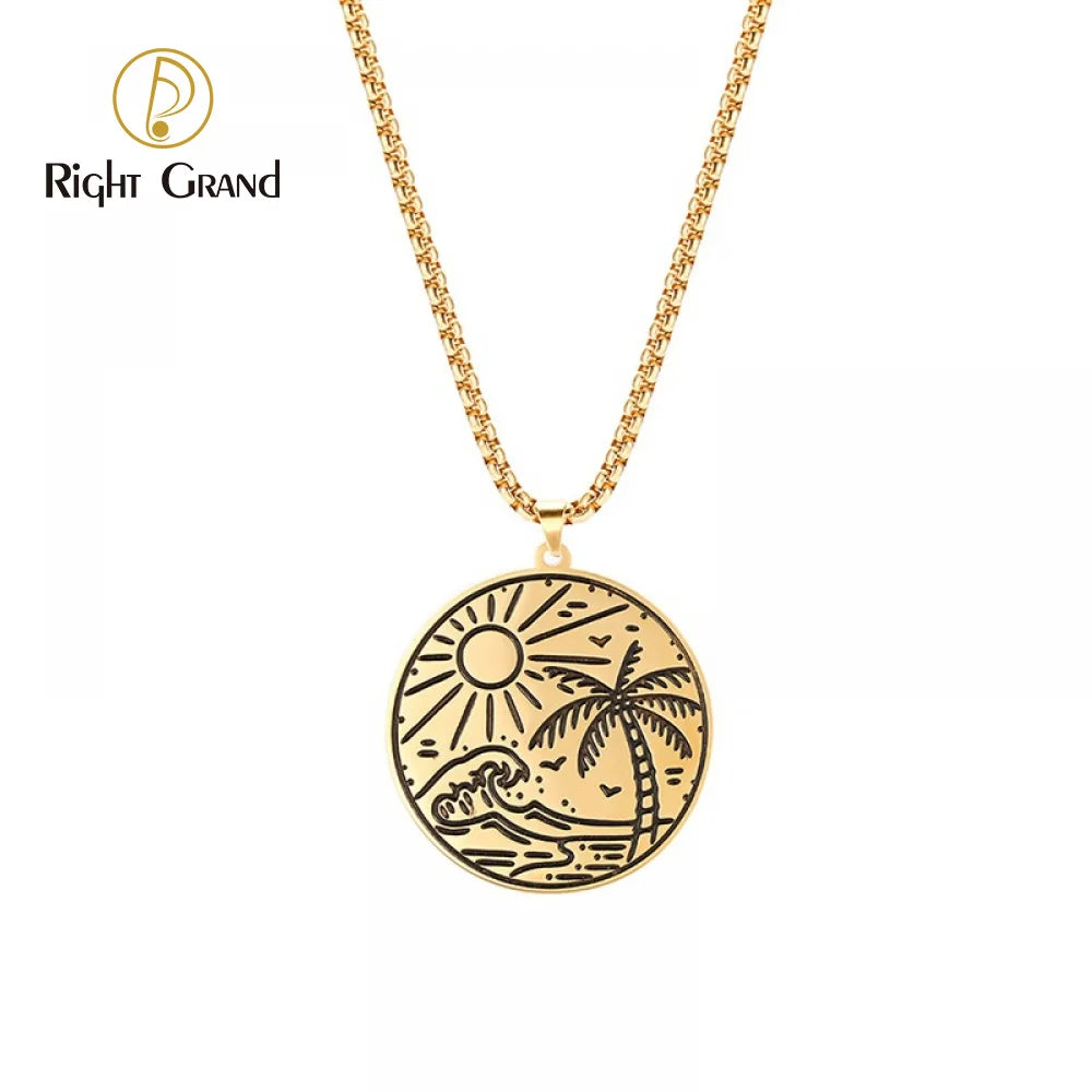 New Beach Travel Vacation Ocean Wave Stainless Steel Coconut Tree Necklace Customized Ladies Exquisite Pendant Necklace
