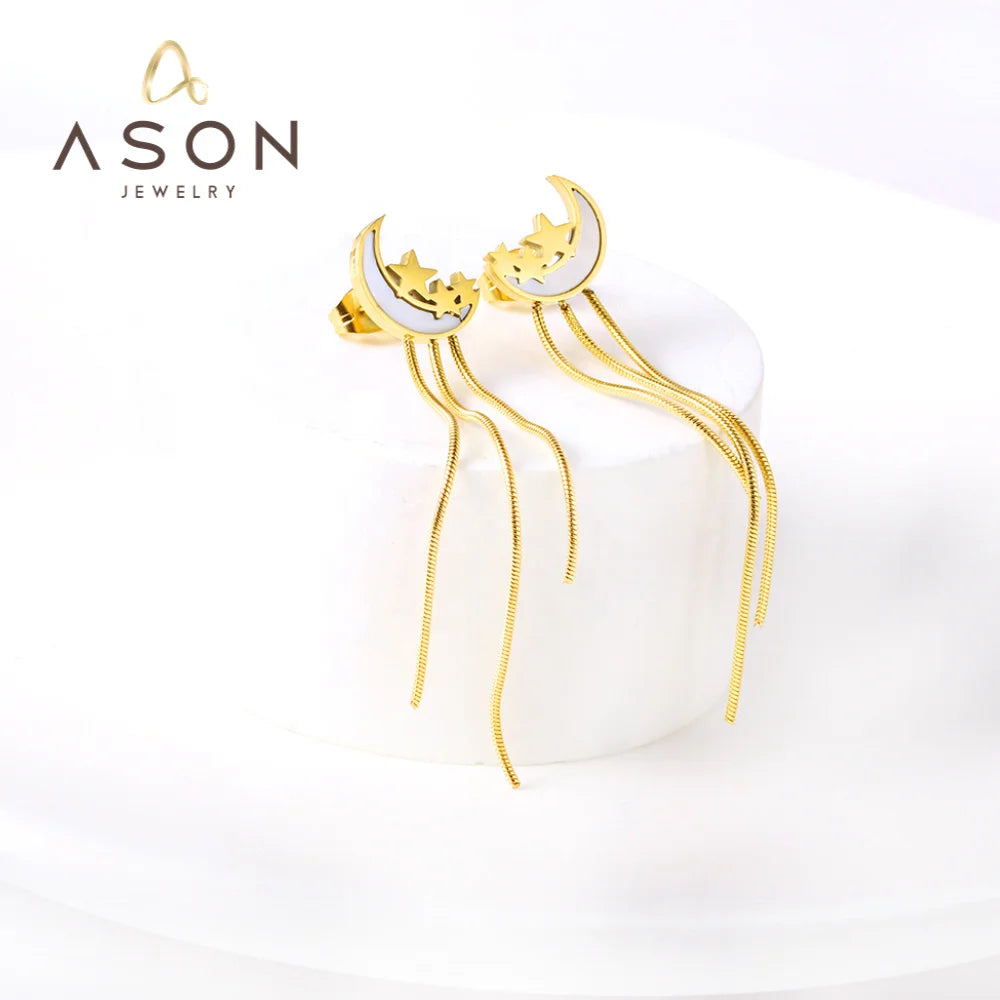Ason Stainless Steel  Drop Hypoallergenic 18k Gold Plated Nickle Free Earrings Moon and Star Jewelry