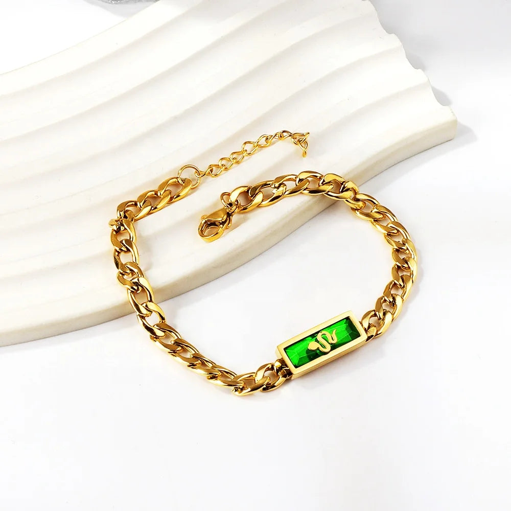 Custom Logo Green Zircon Square Green Stainless Steel Bracelet Fashion Charm Jewelry for Women and Men