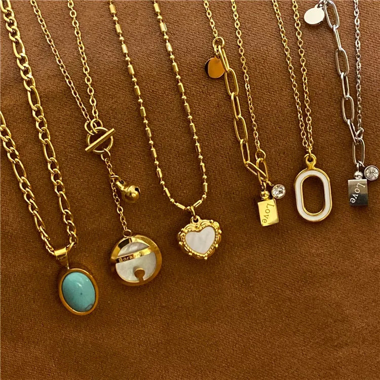 Stainless Steel Square Zirconia Letter Necklace Geometric Oval Natural Stone Shell Love Heart Pendant Necklace for Women