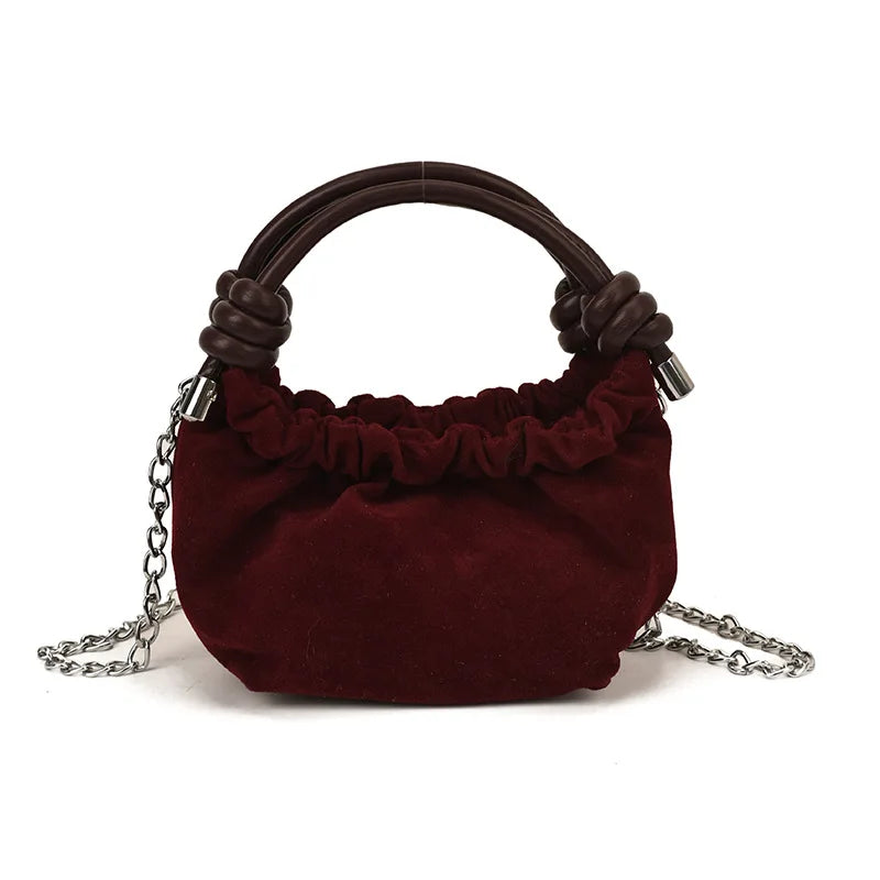 Mustard Suede Ruched Mini Handbag - Knotted Handle Chain Crossbody Purse for Women/Children