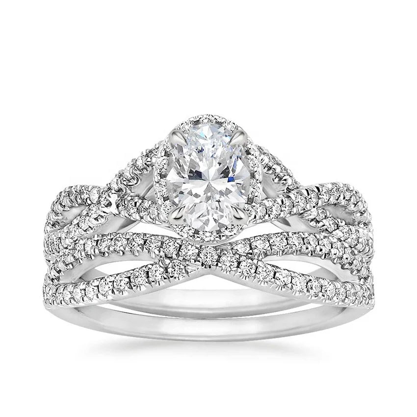 925 Sterling Silver Classic Style Oval Cut Ring 18K White Gold Plated Wedding Engagement Twisted Bridal Set for Parties