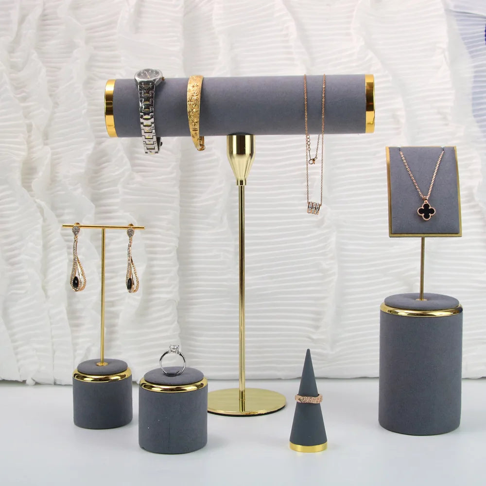 Luxury Custom Display Set for Jewelry Gray Microfiber with Golden Metal Stand Showcase for Bangles Rings Necklaces Earrings