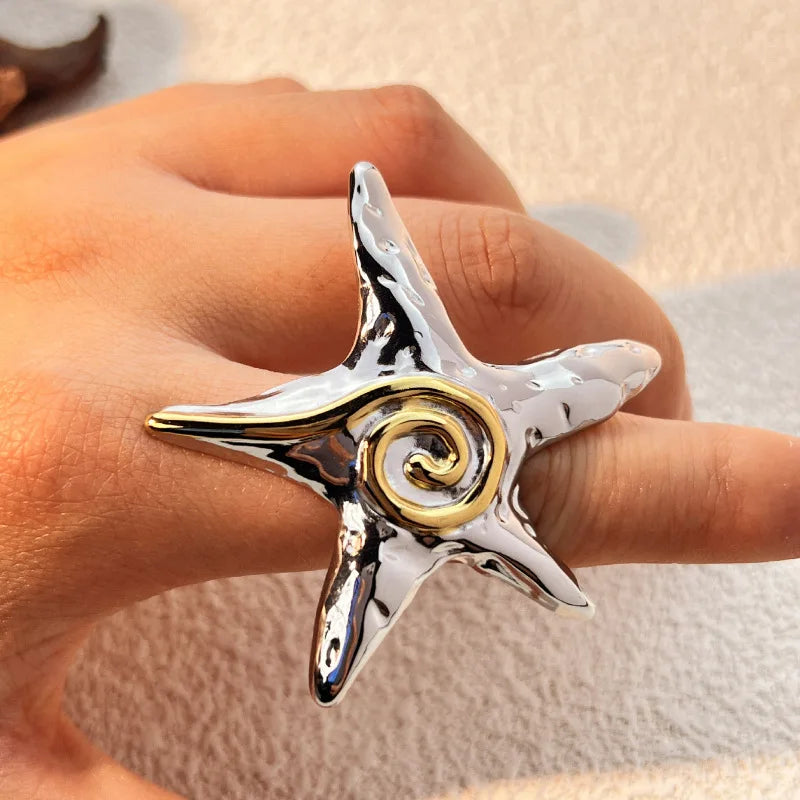 Hyperbole Style Jewelry 18K Gold Plated Waterproof Double Color Swirl Big Starfish Stainless Steel Ring