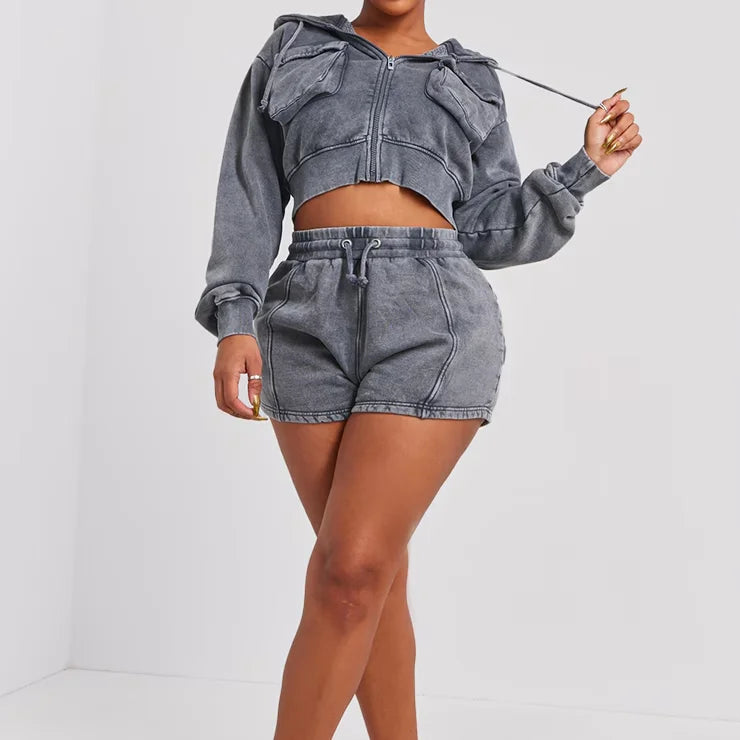 Zip up Cropped Jacket Washed Hooded Hoodie & Shorts Set Women's Tracksuit Long Sleeve Hoodie With Drawstring 2 Pieces Set