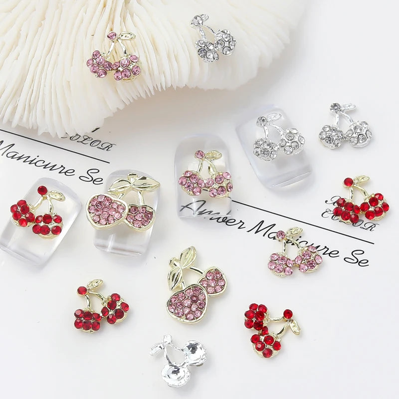 10pcs 3D Cherry Nail Charms Rhinestone Fruit Luxury Cherry Red Pink Diamond Press on Nails Supplies Metal Manicure Design