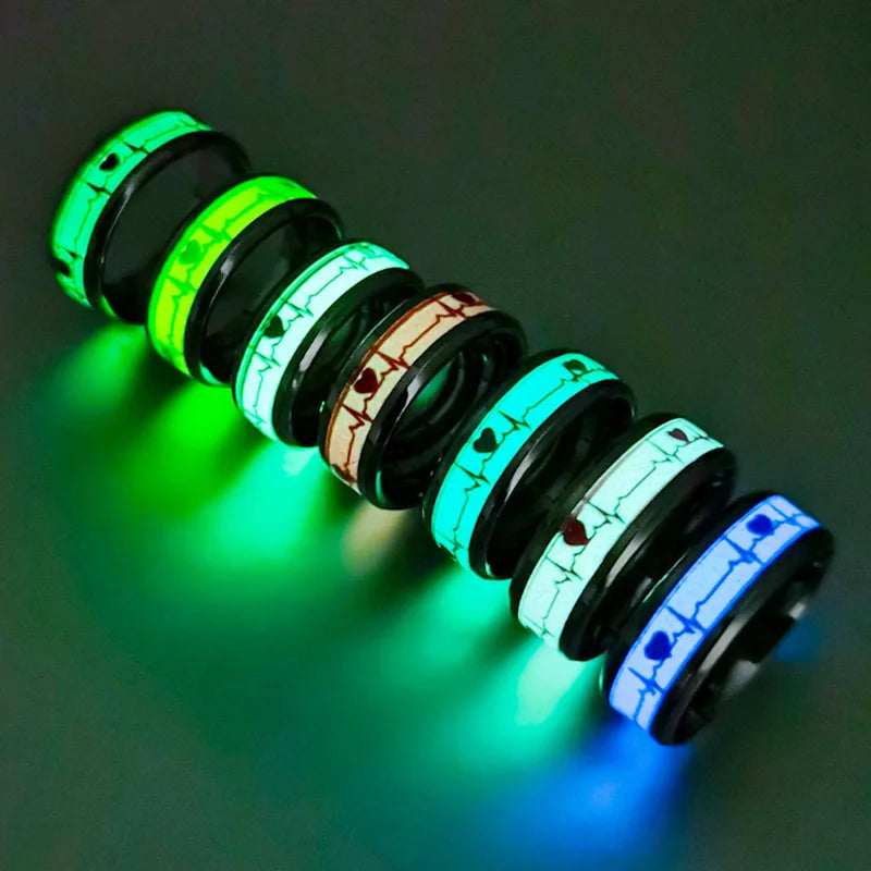 2023 Fashion 8MM Stainless Steel Luminous Ring Glow in the Dark Colorful Heartbeat ECG Fluorescent Couple Rings