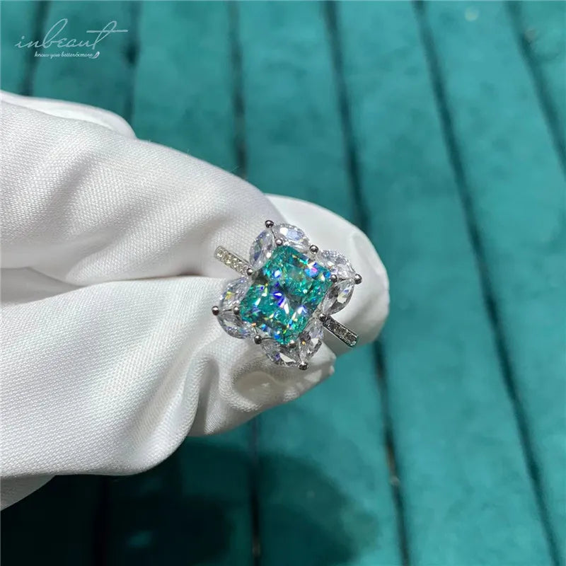 Classic 925 Silver 3ct Excellent Radiant Cut Pass Diamond Test 7*9mm Rectangle Blue Moissanite Ring Women Wedding Fine Jewelry