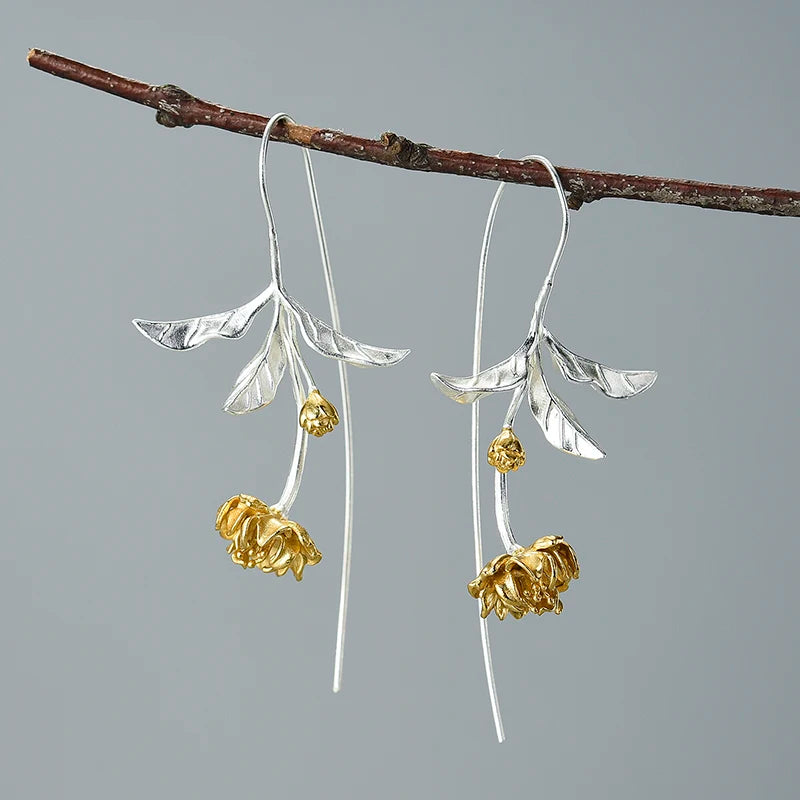 Lotus Fun New Arrival Real 925 Sterling Silver 18k Gold Plated Flower Cherry Blossom Dangle Drop Earrings Fine Jewelry for Women