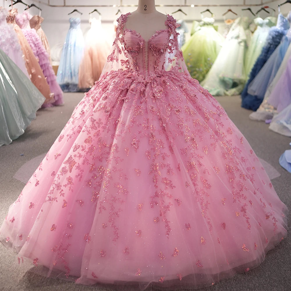 Jancember 6773 Luxury Pink 3d Flower Quinceanera Ball Gown Women's Dress With Shawl