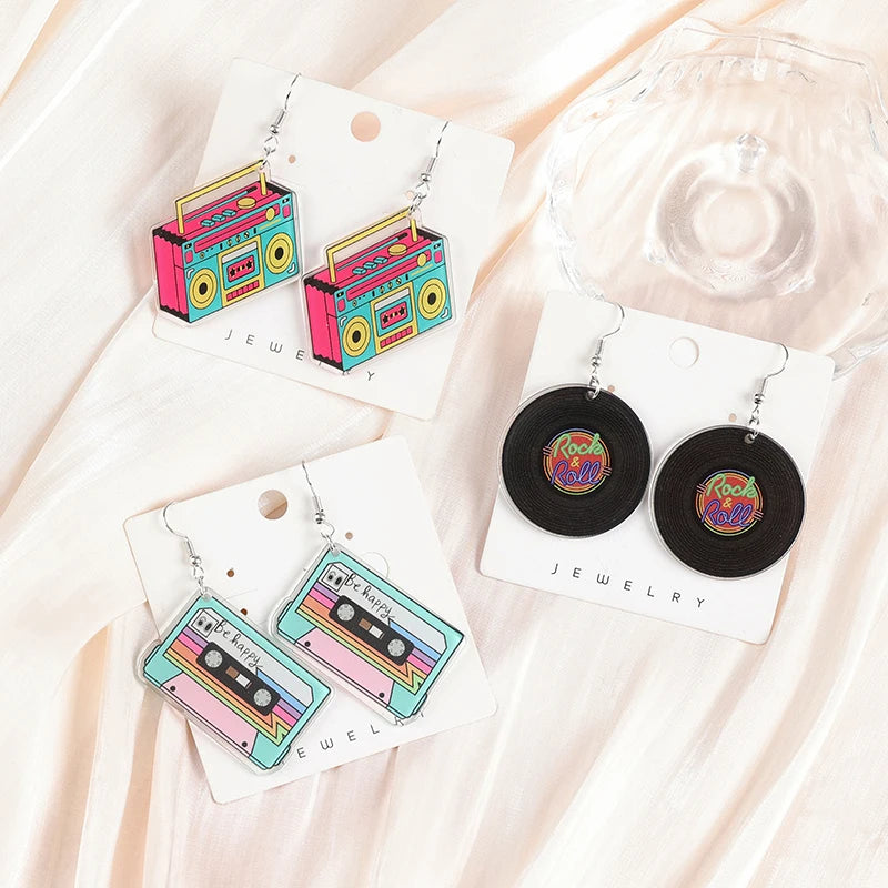 1Pair Movie Charms Woman Drop Earrings Acrylic Gramophone Record Tape Game TV for Girl Birthday Festival Gift MegaBDM