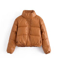 Autumn Casual Stand Collar Single-Breasted Women's Jacket PU Soft Cotton Coat Polyester Filling Woven Fabric Dyed Solid Design