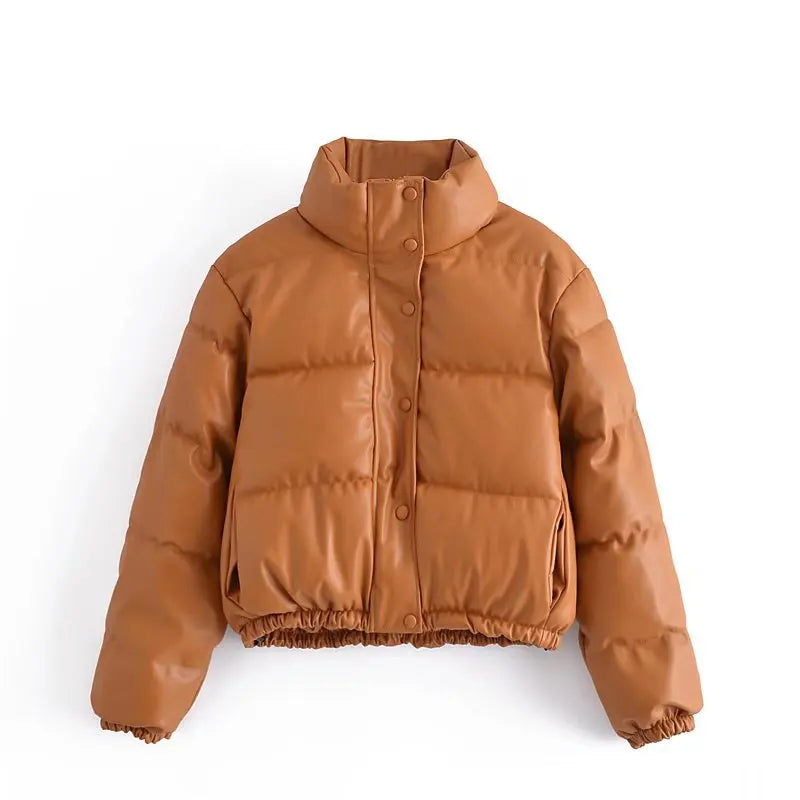 Autumn Casual Stand Collar Single-Breasted Women's Jacket PU Soft Cotton Coat Polyester Filling Woven Fabric Dyed Solid Design