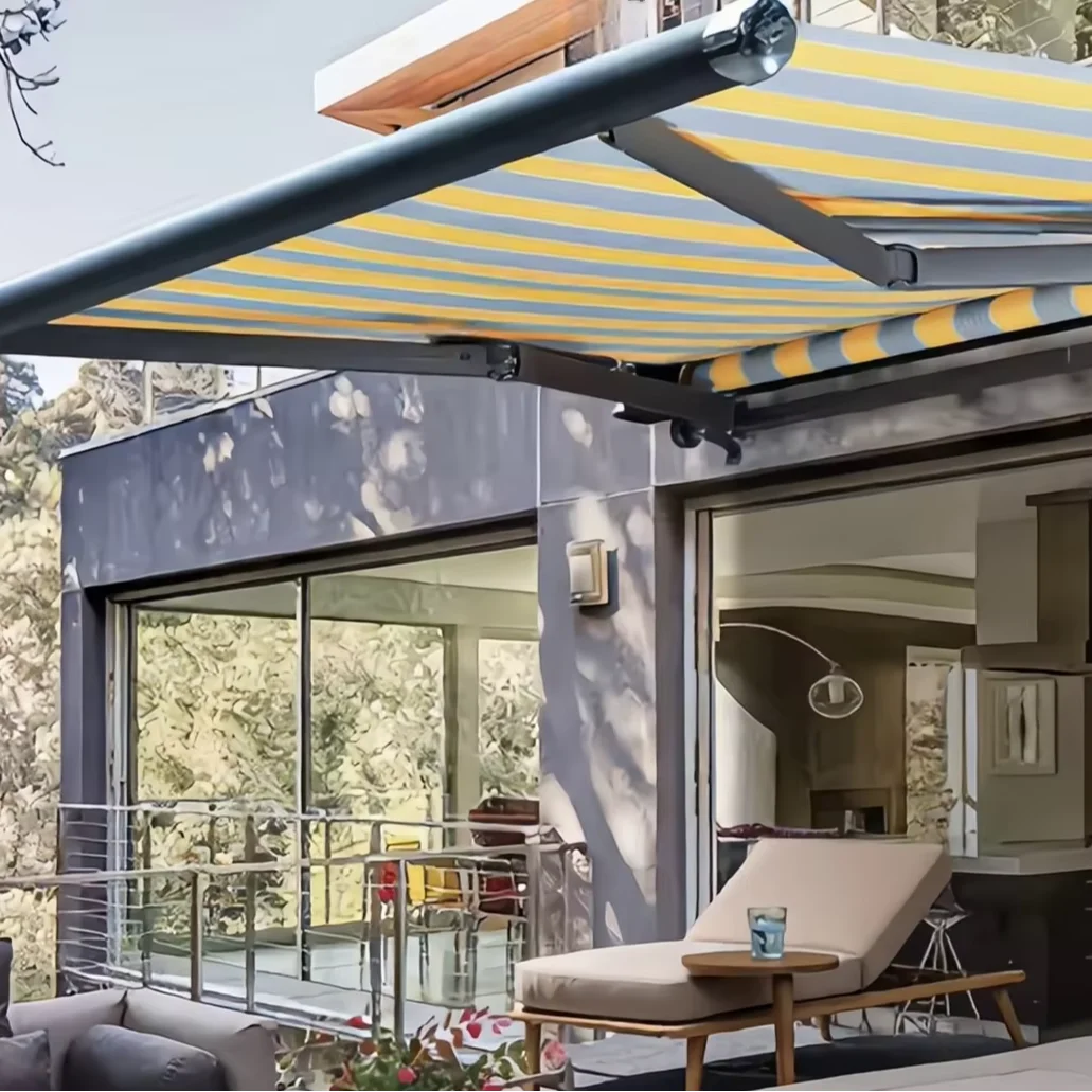 Motorized Outdoor Awning Aluminum Alloy Frame Full Cassette Design Polyester Sun Rain Protection Folding Roof Shade Remote