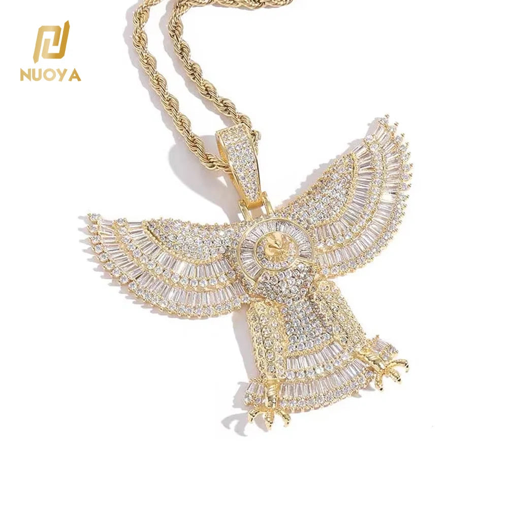 Mens Hip Hop Charm Gold Plating Brass and Zircon Hawk Eagle Pendant Necklace