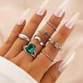 Wholesale 7 Pcs/Set Green Square Gemstone Crystal Diamond Ring Set Geometric Twist Flower Open Ring Knuckle Ring Jewellery Sets