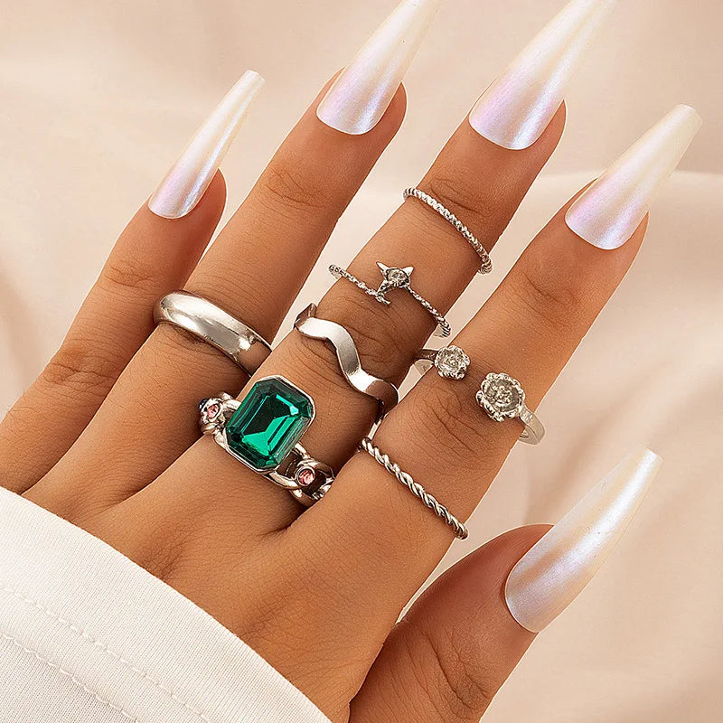 Wholesale 7 Pcs/Set Green Square Gemstone Crystal Diamond Ring Set Geometric Twist Flower Open Ring Knuckle Ring Jewellery Sets