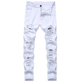 Men's Casual  Fashion Straight Large Hole Stretch  Foreign Trade Style Trousers Slim Denim Men's Multi Hole White Pants