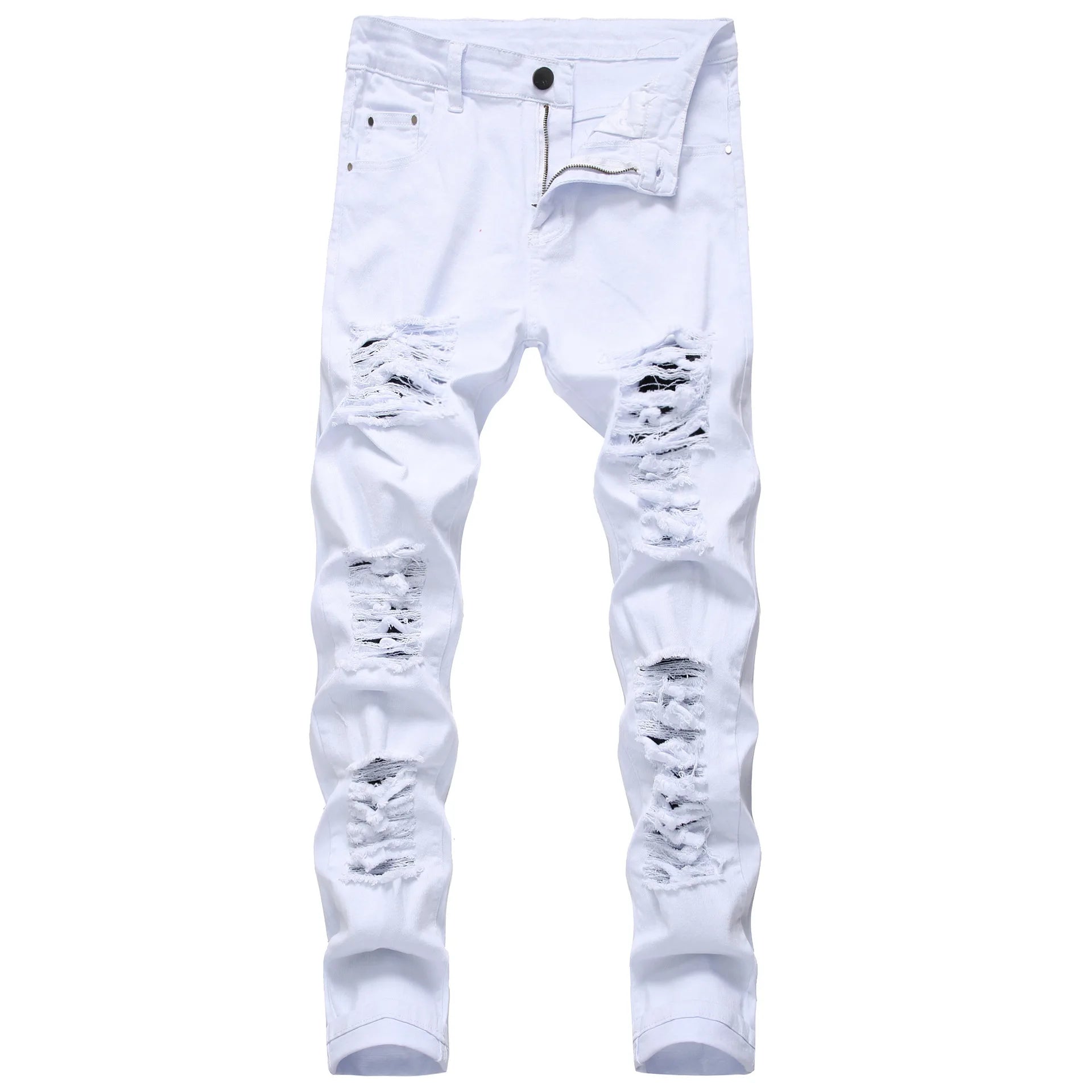 Men's Casual  Fashion Straight Large Hole Stretch  Foreign Trade Style Trousers Slim Denim Men's Multi Hole White Pants