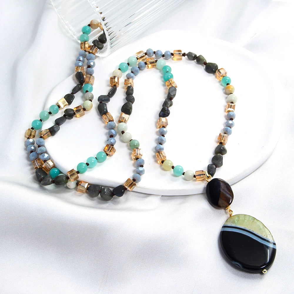 New Fashion Bohemian Jewelry 6mm Natural Stone Glass Knot Necklace Multicolor Elliptical Agate Pendant Necklace Women's Gift