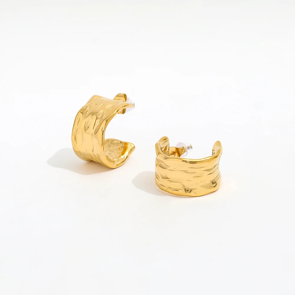 18K PVD Gold Plated Texture Chunky Stainless Steel Earring Tarnish Free & Waterproof Gold Jewelry
