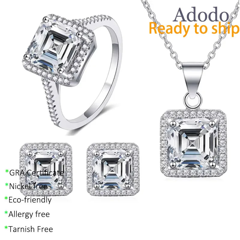 Wholesale Jewellery S925 Silver Asscher Cut 2.5ct Square Moissanite Pendant Necklace Earrings Jewelry Set for Women Small Moq