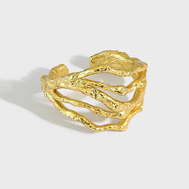18k Gold Plated Irregular S925 Sterling Silver Concave Hollow Opening Wide Ring for Women