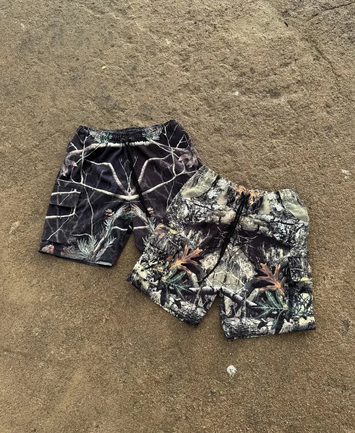 Men's Camouflage Cotton Cargo Shorts with Multiple Pockets & Drawstring Closure Custom Logo Streetwear Print Shorts