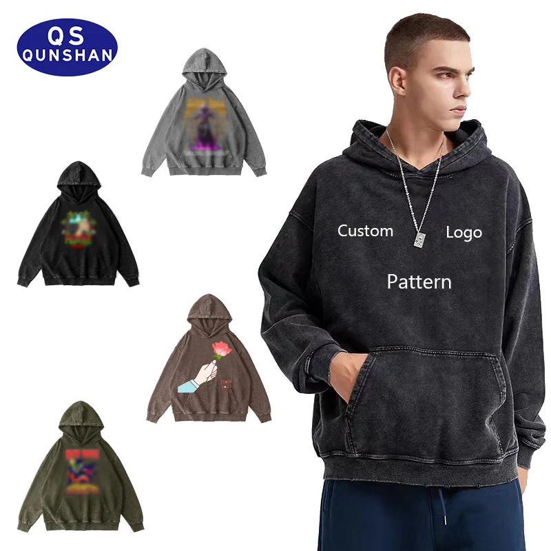 Wholesale Custom Autumn 350gsm Heavyweight Cotton Acid Washed Hoodies for Men Fade Vintage Oversize Graphic Logo Men Hoodies
