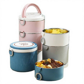 Stackable 304 Stainless Steel Round Bento Lunch Box Leakproof Food Container with Handle Spoon for School Office Camping